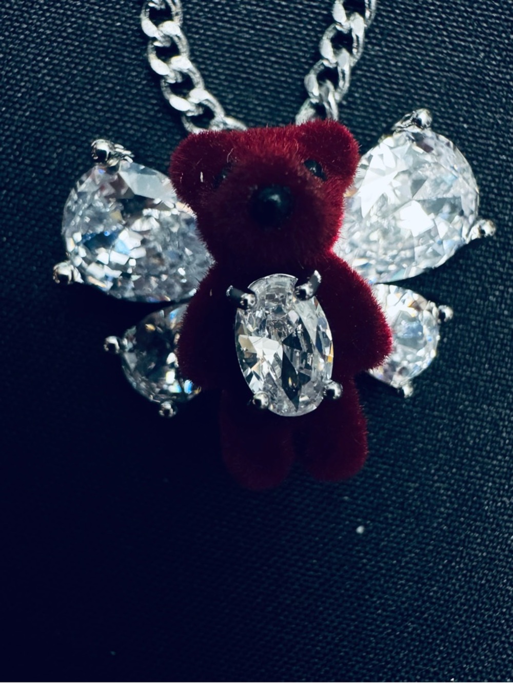 Women's Silver Chain Necklace with Burgundy Velvet Teddy and Crystal Wings